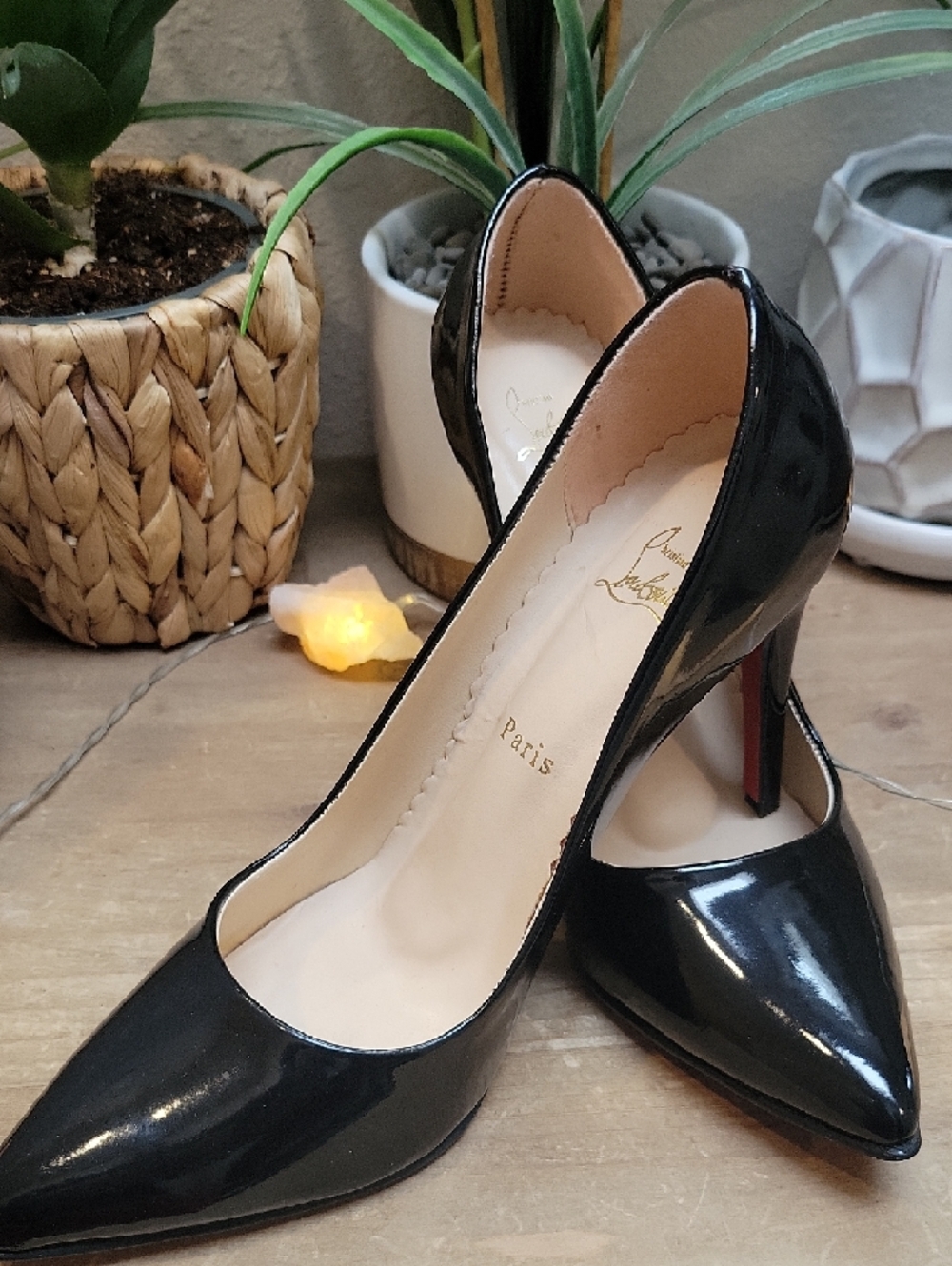 Christian Louboutin Black Patent Pointed Toe Pumps with Red Soles